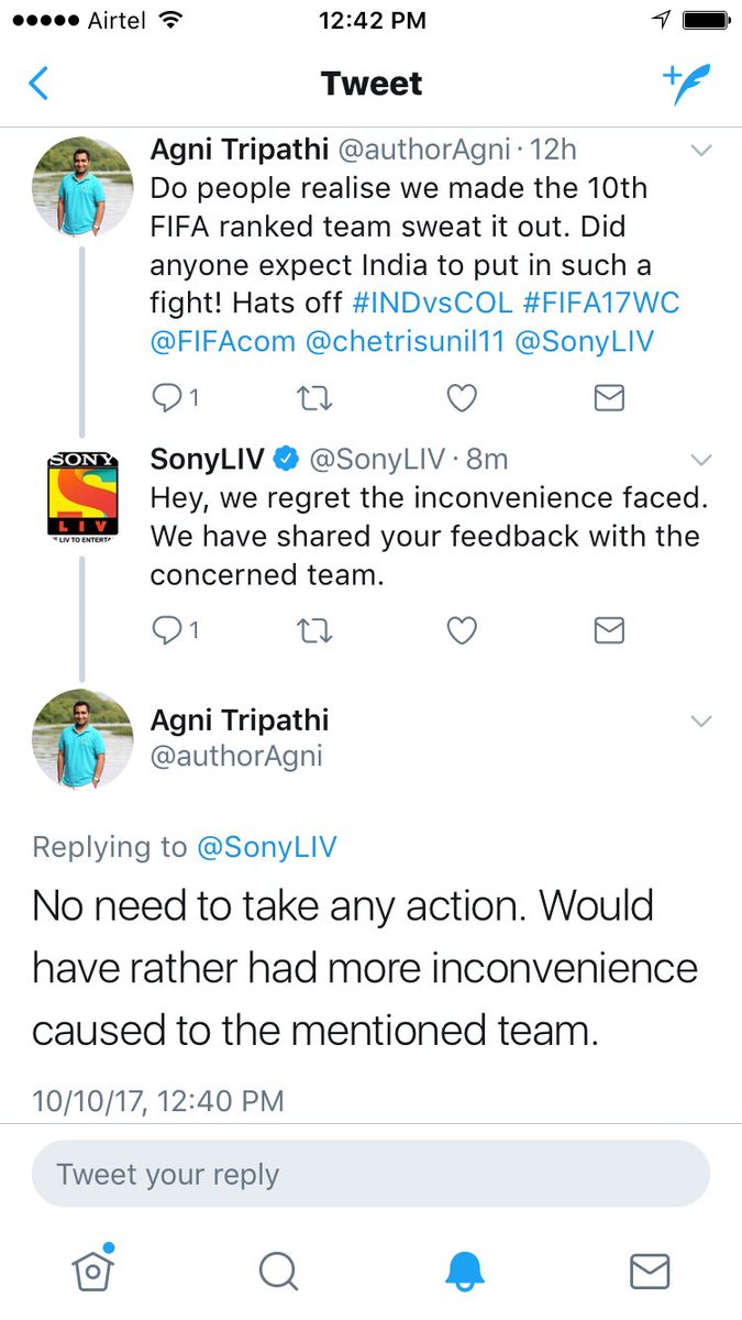 authorAgni's tweet photo. Epic response I got from @SonyLIV on a tweet I had posted post #indvscol #FIFAU17WorldCup last night @FIFAcom @IndianFootball @ProFootballTalk https://t.co/oKJY9wqhqd