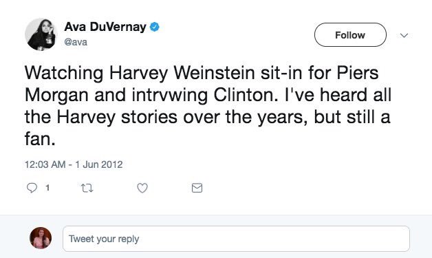 Ava DuVernay deletes tweet: knew Weinstein was a rapist but still a fan. 