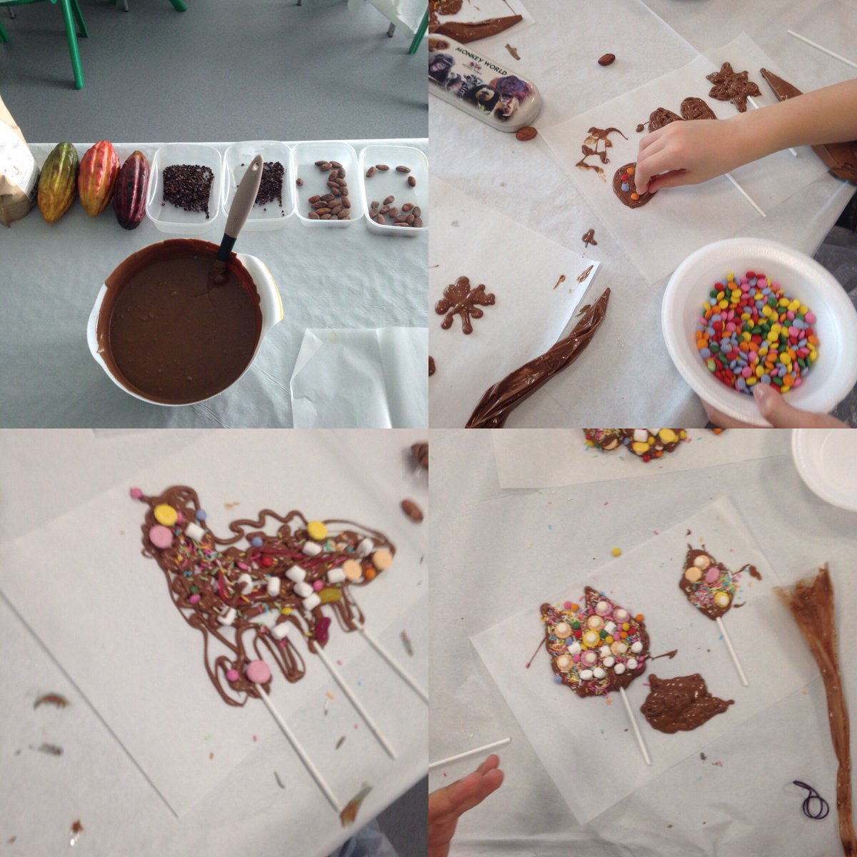 cocoabelleuk's tweet photo. Chocolate educational workshop at aylesham primary school. Kids got to make choc lollies to take home and learnt where choc comes from https://t.co/iLBO5qFhE6