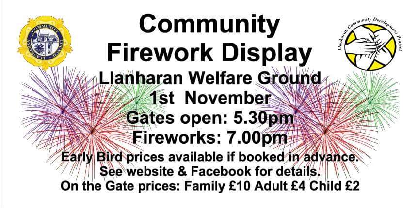 LMBBYLIGHTS's tweet photo. Firework Display 
Wednesday 1st November Early bird tickets available @LlanharanDropi1 or The Welfare Hall 
#community #event https://t.co/9434eW94bO