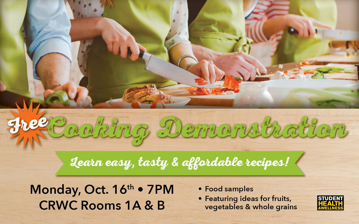 Hawkeye_Health's tweet photo. Join us on Monday, October 16th at 7:00pm in CRWC Meeting Rooms 1A&amp;B! Learn easy, tasty &amp; affordable recipes! FREE food samples! https://t.co/gFWoerD1uK