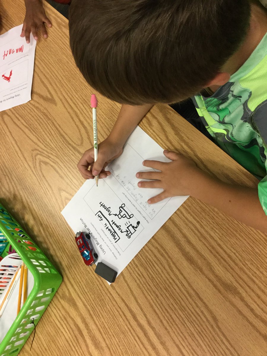 HBESLibrary's tweet photo. After exploring magnets in library this week a first grader describes how magnetic force can be used to move a car. #WCSlibs https://t.co/89lZclntwV