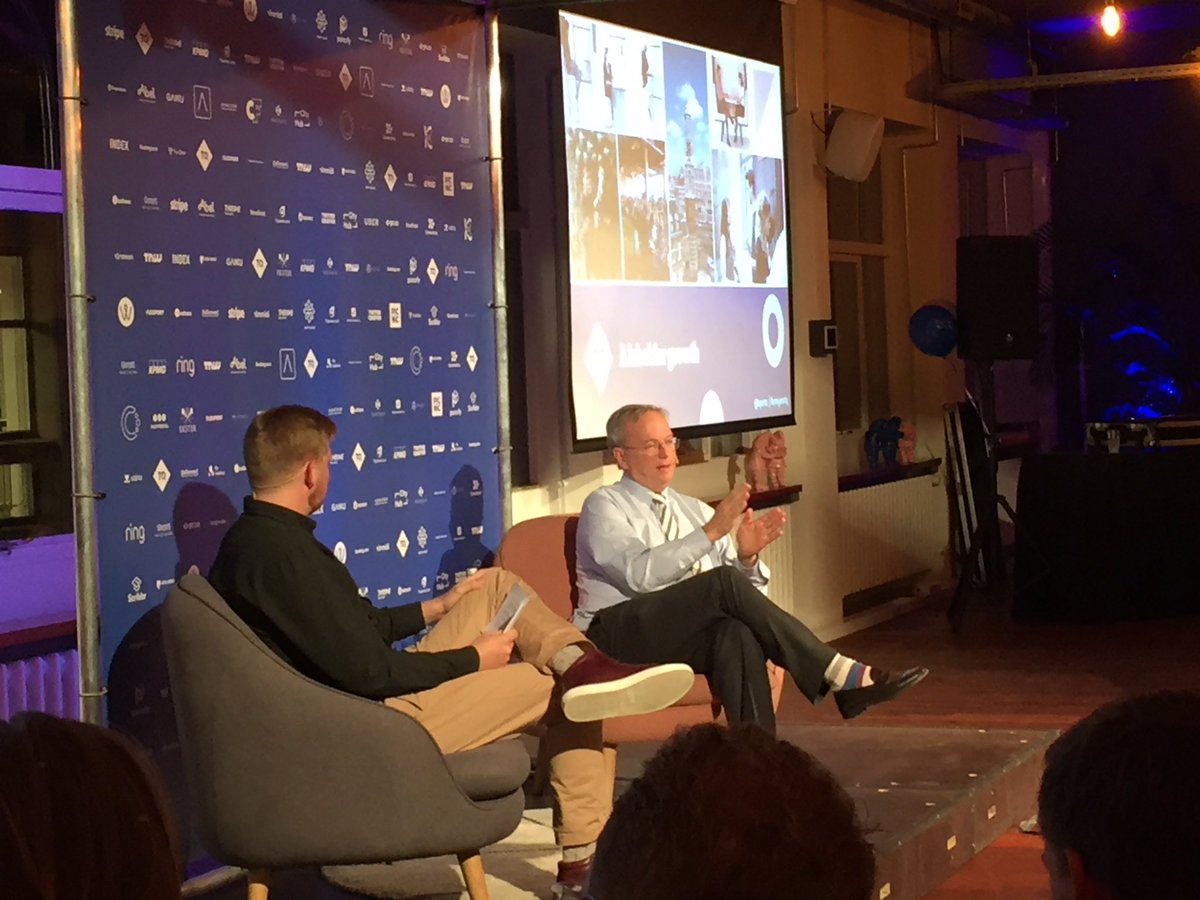 BartGramberg's tweet photo. Aaand.. enter @ericschmidt and @robertgaal on startup struggles, values, issues @TQams! #oneyeartq https://t.co/3HMocYhmkC