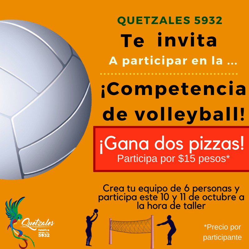 Te invitamos a participar en nuestra dinámica el 10 y 11 de octubre, con un costo de $15, el equipo ganador tendrá como recompensa 2 pizzas.