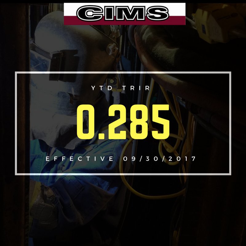 CIMS 2017 YTD Total Recordable Incident Rate (TRIR) as of Sept 30, 2017 is 0.285
#safetyfirst #cimsltd #peopleofcims