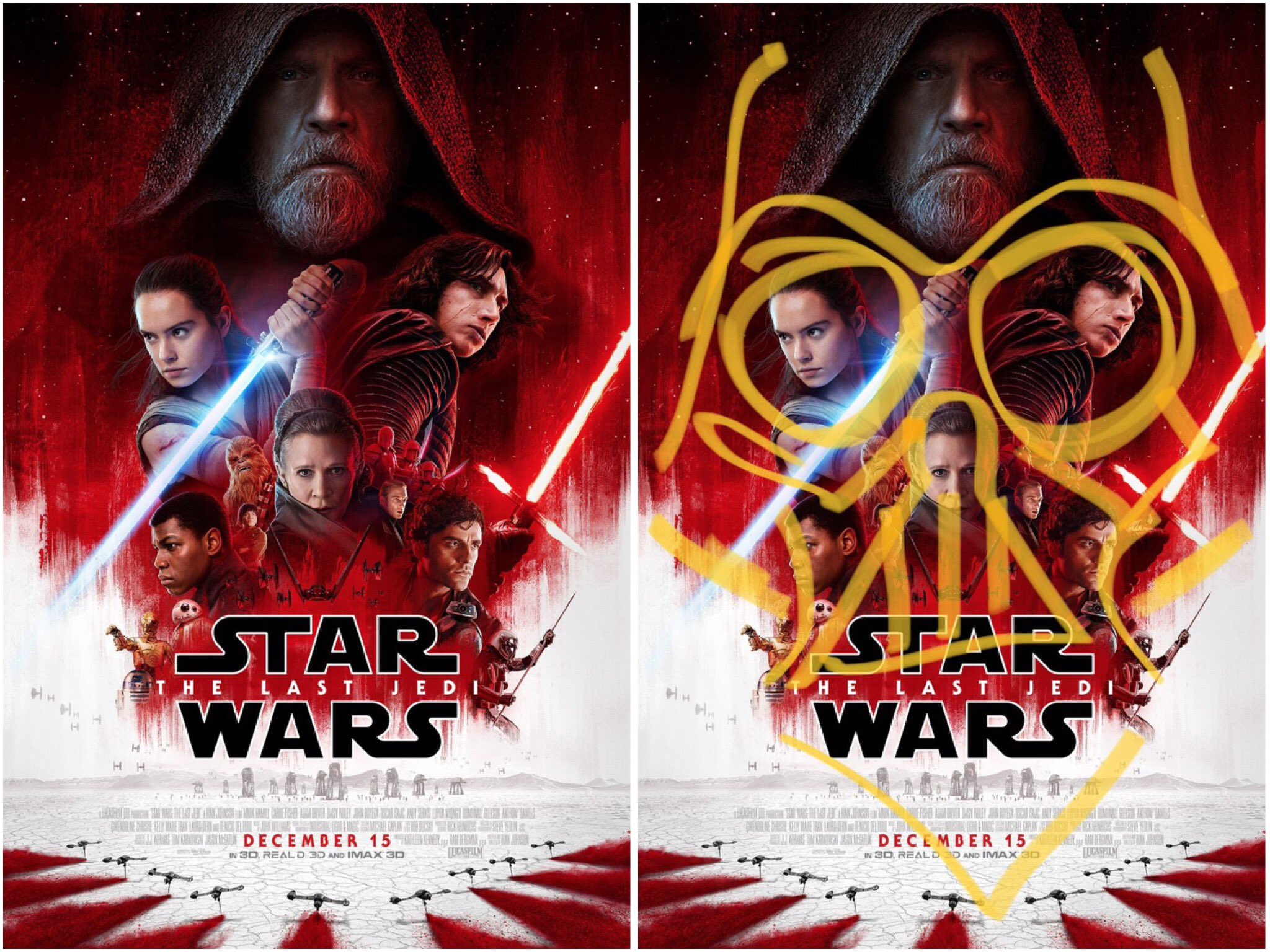 Abc振興会 D姐 スターウォーズ8 最後のジェダイ の公式ポスターが初公開 センターが故キャリー フィッシャーだったり ダースベイダーの定ポジにルークがいたり かわいい新キャラのポーグが入っていなかったりと話題に でも引きで遠目に見るとダース