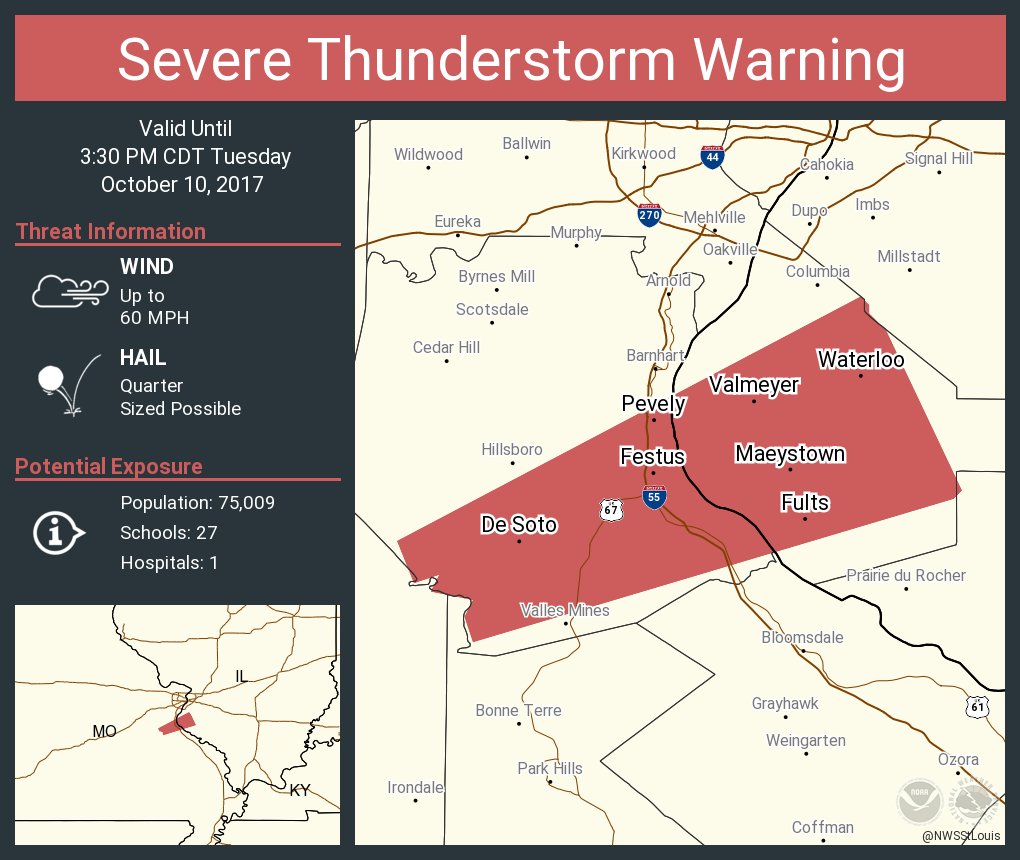NWS St. Louis on Twitter: &quot;Severe Thunderstorm Warning including Festus MO, Waterloo IL, De Soto ...