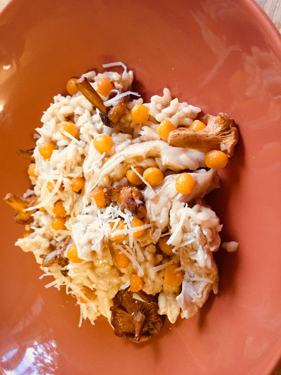 #October risotto, pulled roast chicken, roasted #pumpkin,sage, chanterelles parmigiana 😋