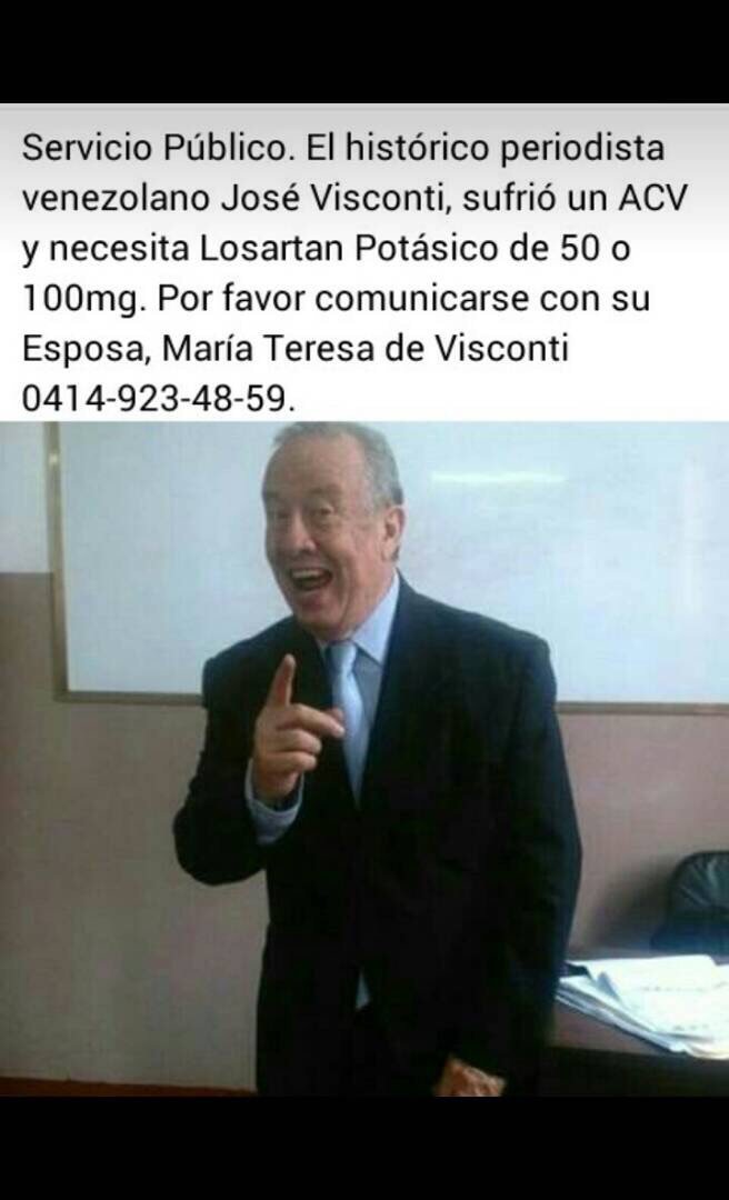 ElNacionalWeb's tweet photo. #ServicioPublico Para el profe José Visconti se solicita con URGENCIA  Losartan Potásico 100 mg. María Teresa de Visconti 04149234859 https://t.co/de8CYw5cqP
