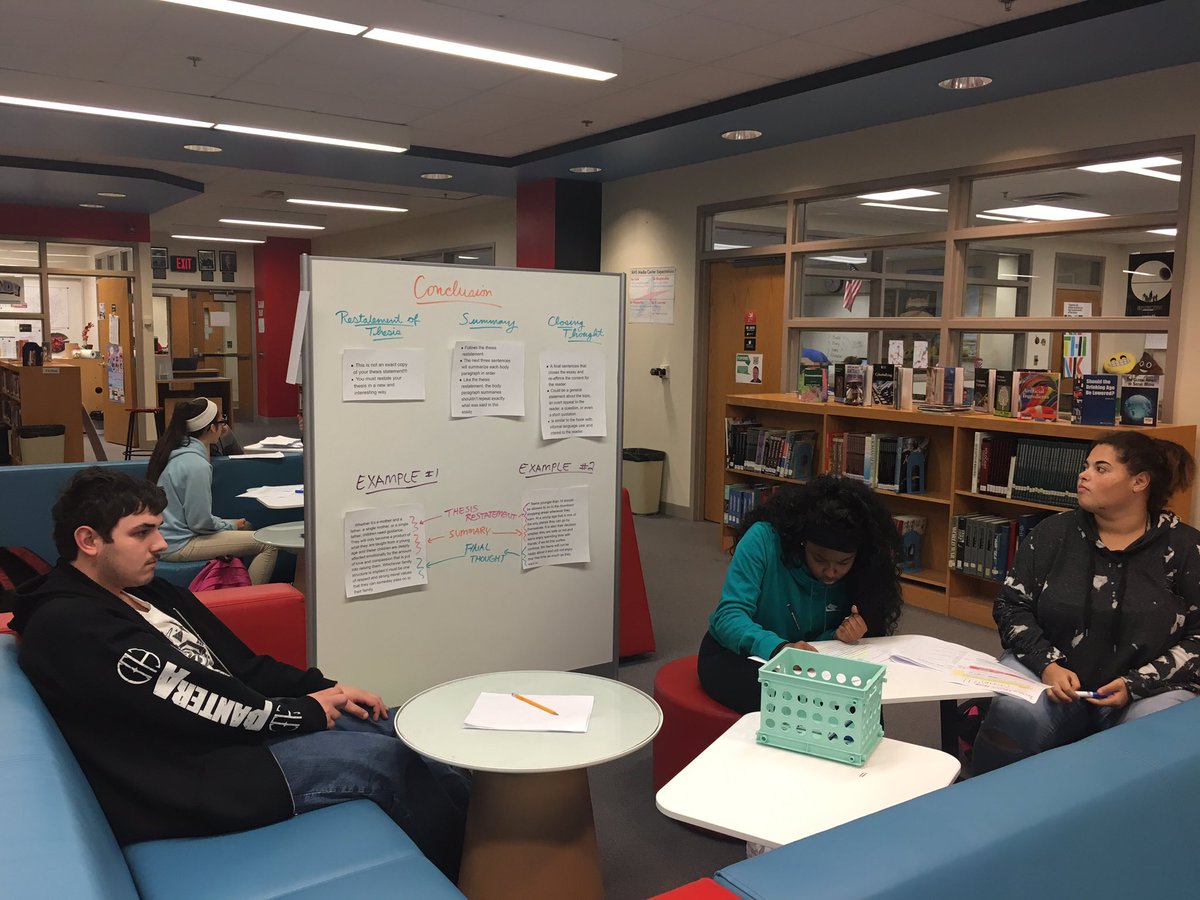 KWoodfordAHS's tweet photo. Peer review stations in the media center. https://t.co/QP5eEBD07R