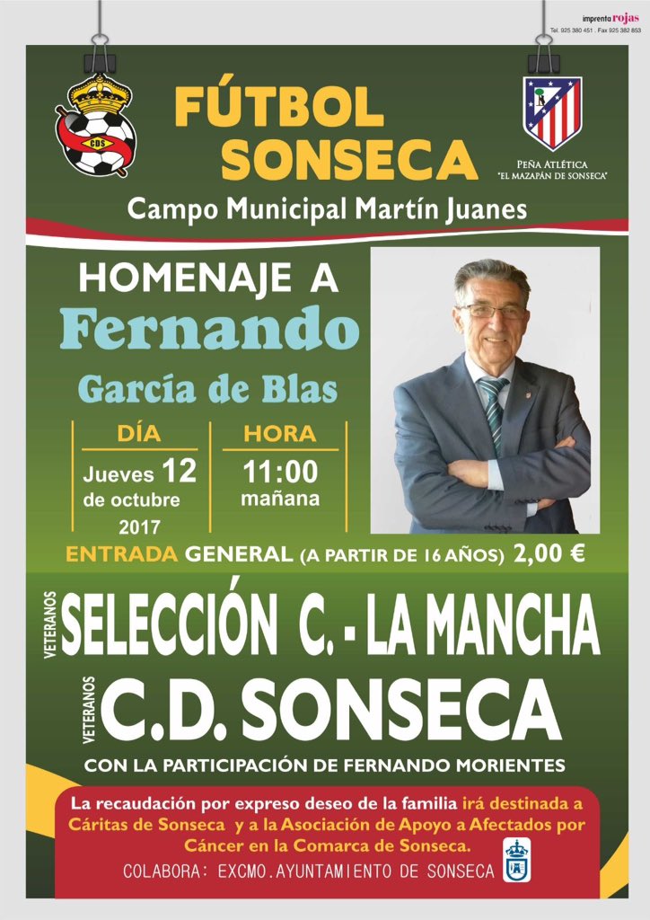 AytoSonseca's tweet photo. Este jueves, partido de homenaje a Fernando García de Blas. Cita ineludible en el Martín Juanes. Con la presencia de Fernando Morientes. https://t.co/1ja91Z1Orp