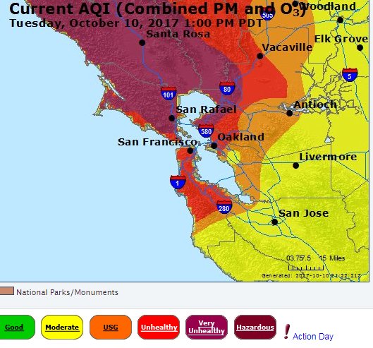 AIR QUALITY
Declining quickly this afternoon.
Very Unhealthy air in the North Bay, along the Delta.
Unhealthy air for SF, Oakland, San Mateo