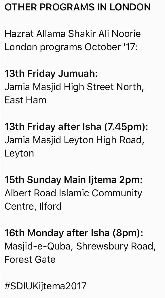 Please Attend &amp; Invite Others To All The Below Programs.

#SDIUKijtema2017 
<a href="/MaulanaShakir/">Maulana Shakir</a> <a href="/qari_rizwan/">Qari Rizwan</a>
