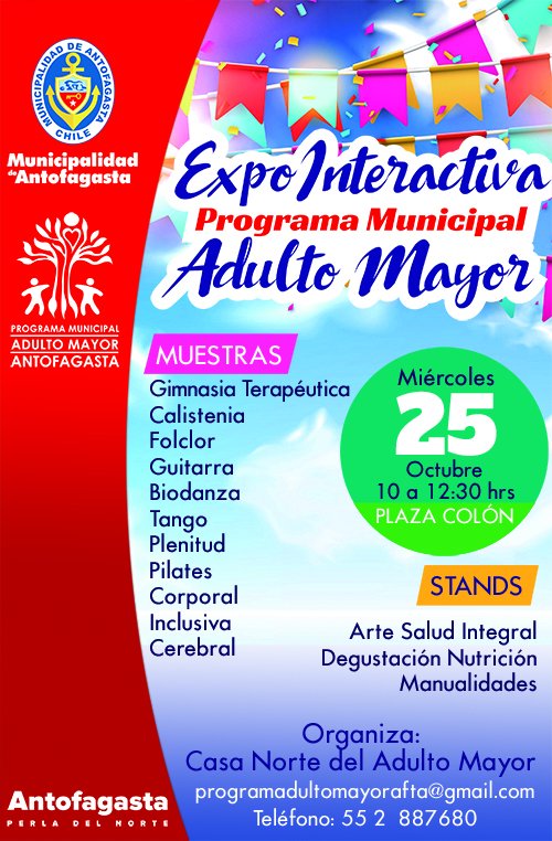AntofagastaMuni's tweet photo. ¡Te esperamos HOY! desde las 10:00 hrs. en la Plaza Colón #ExpoInteractiva del Programa Adulto Mayor #Antofagasta https://t.co/X45jsAhvcN