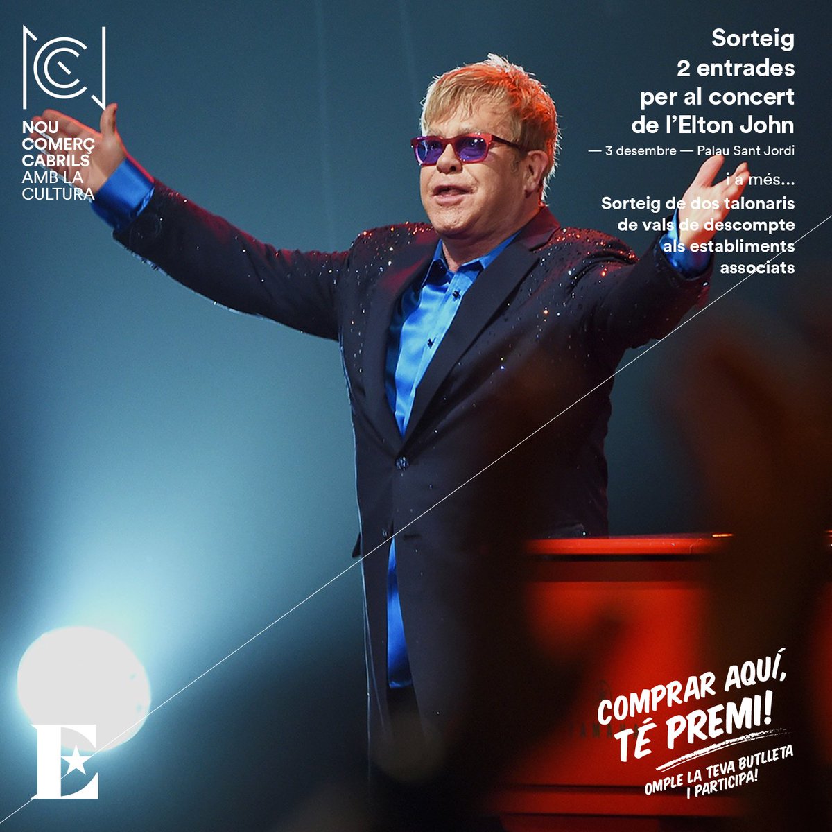 noucomercabrils's tweet photo. Fins al 15 de nov., torna la campanya Comprar aquí TÉ PREMI!
Compra als establiments associat a NCC i demana la teva butlleta de participació per al sorteig de 2 entrades per al concert de l'ELTON JOHN i 2 talonaris de vals de descomptes per bescanviar als establiments associats! https://t.co/0KFylojxvA