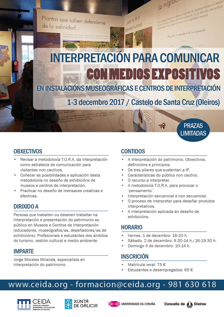 ceidagalicia's tweet photo. Queres aplicar a #InterpretacionDoPatrimonio no deseño de medios expositivos? Do 1-3 DEC podes facelo con #JMorales https://t.co/1mi1rysORm https://t.co/JEcSIQsaFr