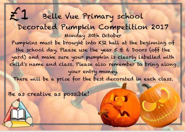 Mid half term reminder. Our fabulous pumpkin competition is happening on Monday 30th October. Details below. Please retweet! 🎃 🎨 👏