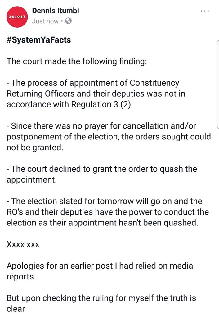 OleItumbi's tweet image. Justice Odunga decision did not say Returning officers cannot conduct elections