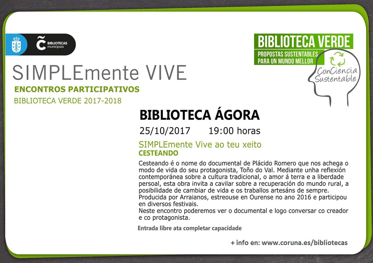 siragr's tweet photo. Plan para esta tarde na @bibcoruna Ágora #Cesteando #BibliotecaVerde https://t.co/OLUbFZ2jlE
