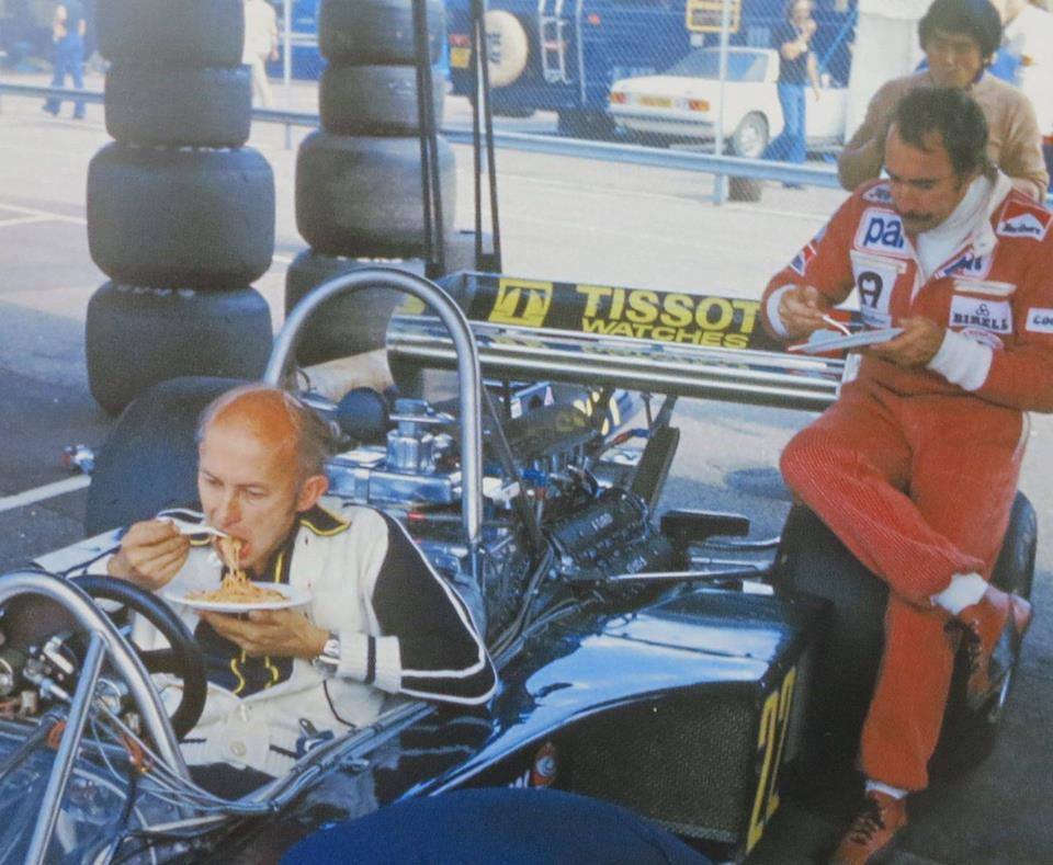 zdravkost's tweet photo. #WorldPastaDay 🍝 Morris "Mo" Nunn, boss of the Ensign team in the N177 with Clay Regazzoni at Fuji. #F1 1977 #JapaneseGP https://t.co/ehS2awDukp