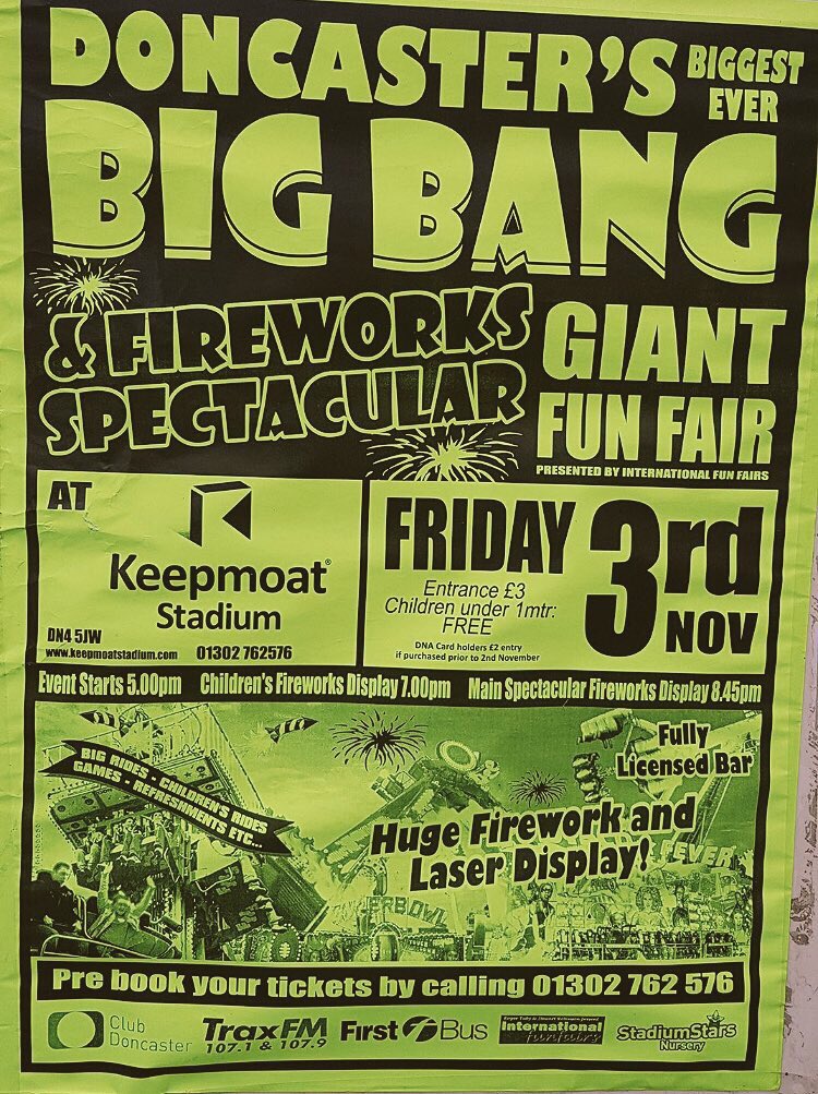 Doncaster BIG BANG @ Keepmoat Stadium Friday 3rd November starts 5pm Children's display 7pm Main display 8:45pm #doncaster #donny #fireworks