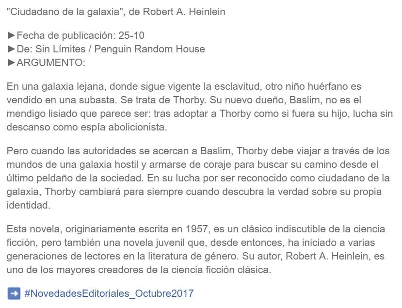 HajnaMinoo's tweet photo. #HoySePublica "Ciudadano de la galaxia", de Robert A. Heinlein. Editado por Sin Límites, de Penguin Random House https://t.co/dhLwJyTSpt
