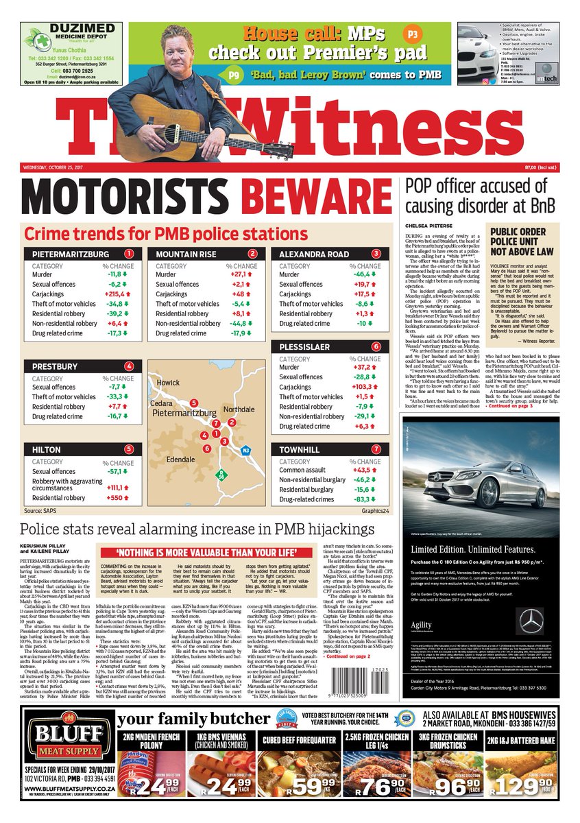 WitnessKZN's tweet photo. Today's #WitnessNewspaper: #CrimeStats for PMB police stations | Premier's residence renovations on hold | Education Dept wastes millions https://t.co/M1OMNYStKb