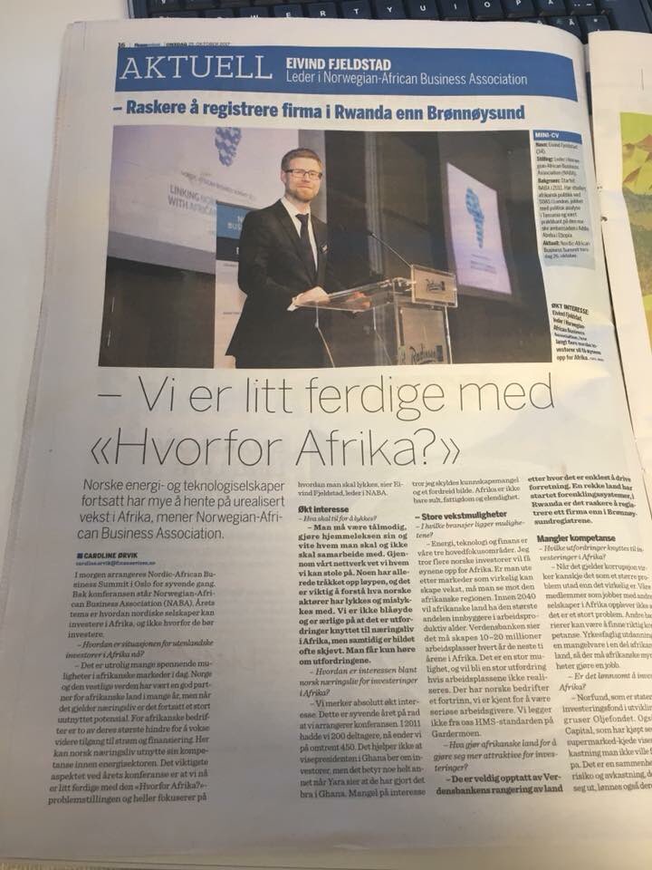 NABAorg's tweet photo. «Raskere å registrere firma i #Rwanda enn Brønnøysund». @AfrikaEivind er intervjuet i dagens @Finansavisen. #NABA17 https://t.co/a4mmkYEPqB