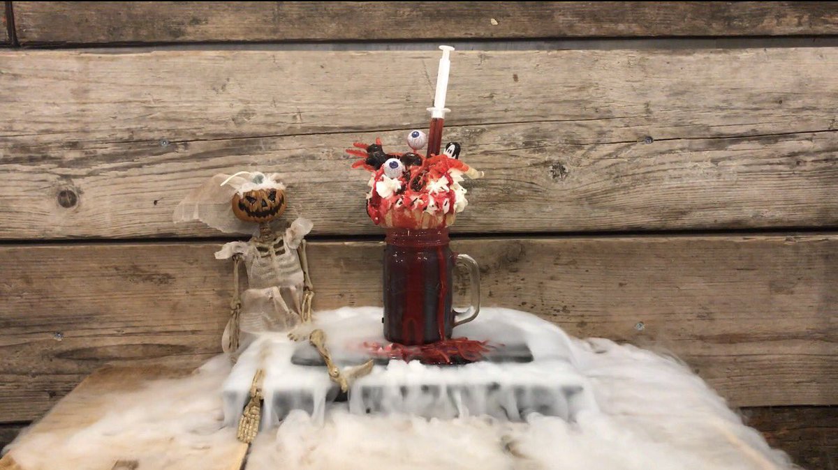 fcoffeeuk's tweet photo. Red velvet milkshake topped with  doughnut blood injection eyeballs spiders and ghosts and more@derbypromo @UKSocialPromo @ATSocialMediaRT https://t.co/0l5bPUTWt5