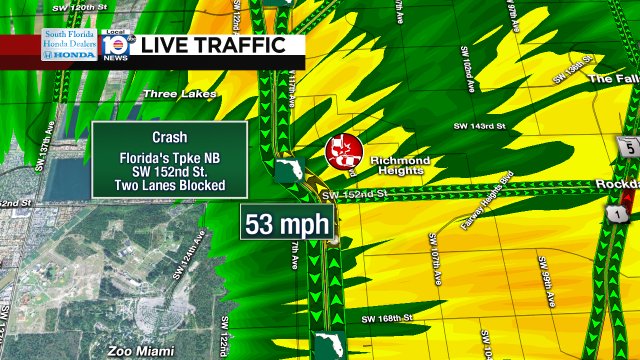 CRASH: Florida's Tpke NB & SW 152nd St. Two lanes are blocked. #TRAFFIC #MIAMI https://t.co/Mm09mpZQmF
