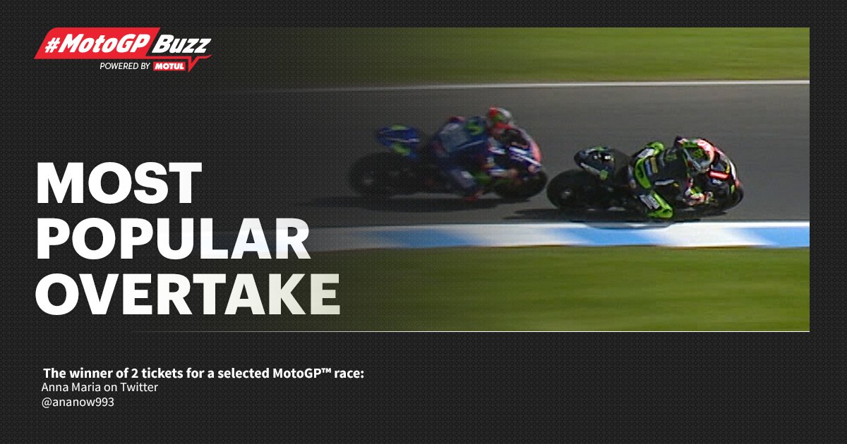 MotoGP's tweet photo. @motul #MotoGPBuzz best overtake of the #AustralianGP: #Overtake2!

Congrats to @ananow993, the winner of 2x #MotoGP tickets! https://t.co/XOP2KyjYwS