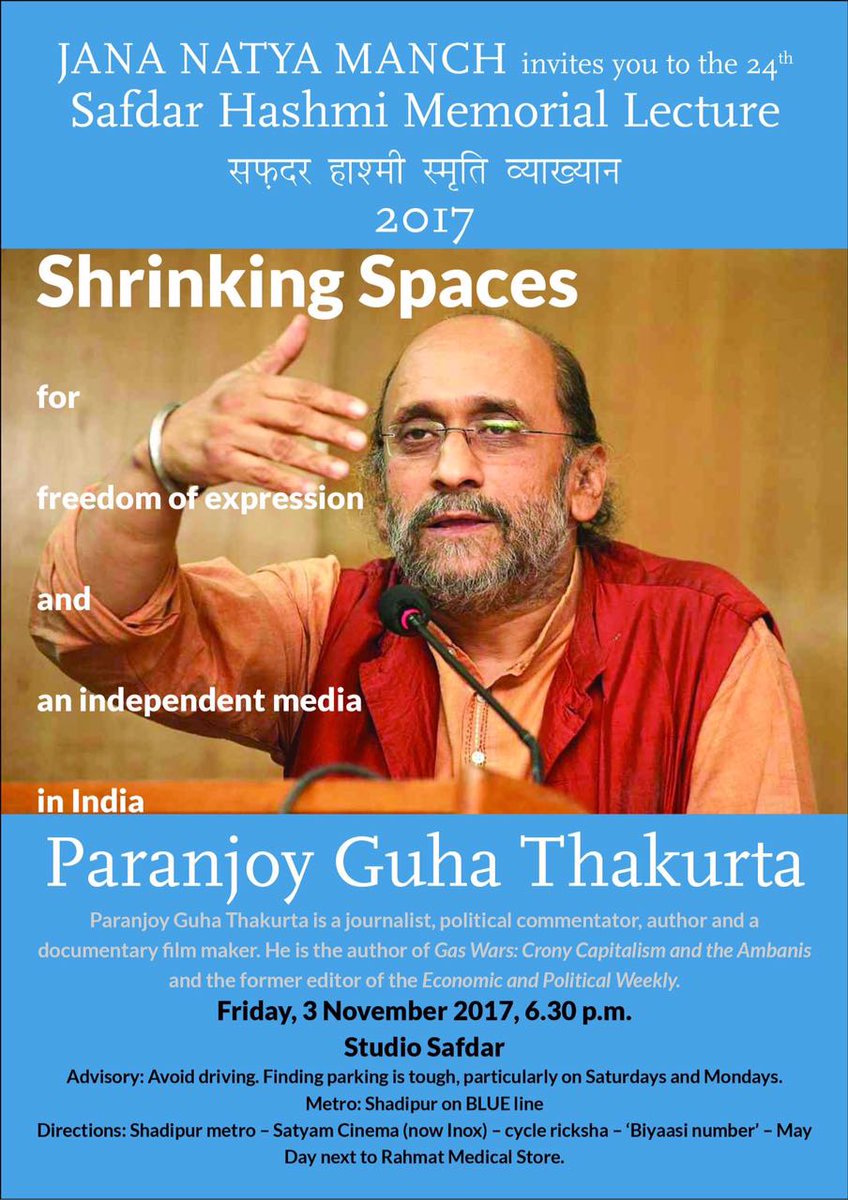 JanamTheatre's tweet photo. Paranjoy Guha Thakurta is a journalist, political commentator, author and a documentary film-maker. #SHML https://t.co/j0gHMmuaNW