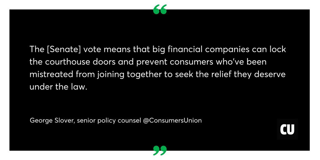 CRAdvocacy's tweet photo. Senate voted to repeal CFPB rule limiting forced arbitration. Our full statement: https://t.co/26Aimd80IW #RipoffClause #RulesatRisk #CRA https://t.co/HwbtMthP0r