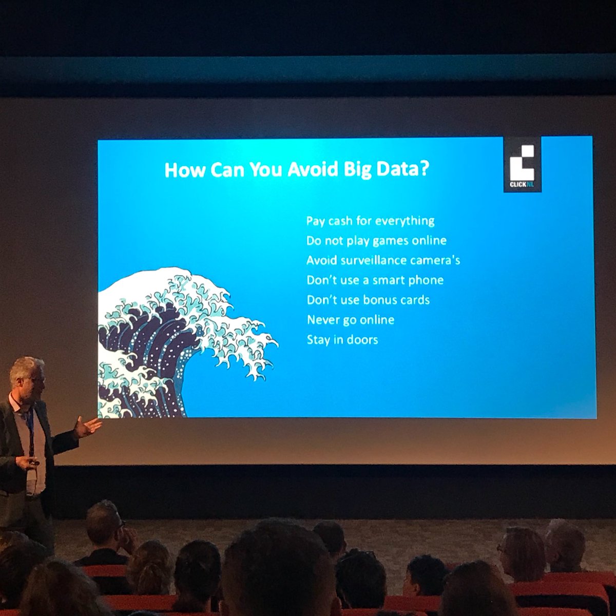 johanoomen's tweet photo. Eric van Tol of @Fontys on the impact of big data on society: “Will Europe become a nanny state?” #CLICKNLDRIVE #drive2017 #bigdata https://t.co/SFA62QpwPJ