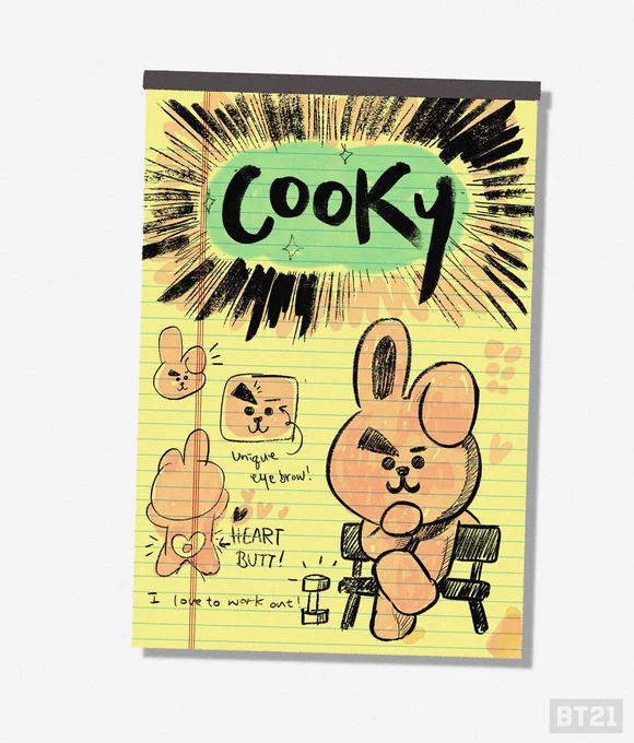 #COOKY Pinkish tough bunny with a twist who dreams of being strong.
#eyebrows #unbalanced #imaginarymuscle #BT21 #UNIVERSTAR #CreatedbyBTS 