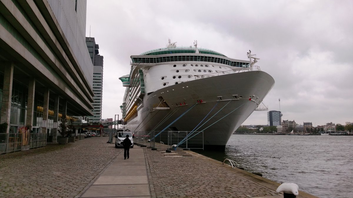 Independence of the Seas is een fraai schip met een mooie lijn. Veel passagiers lopen over de Erasmusbrug of nemen de shuttle naar de stad.