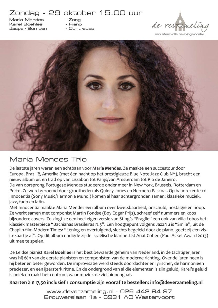 A.s. vrijdag, 27 oktober, in De Gelderlander <a href="/MariaMendesJazz/">Maria Mendes</a> met een groot interview over haar concert in <a href="/DeVerzameling/">Marie-José van Hekke</a> op 29 oktober!