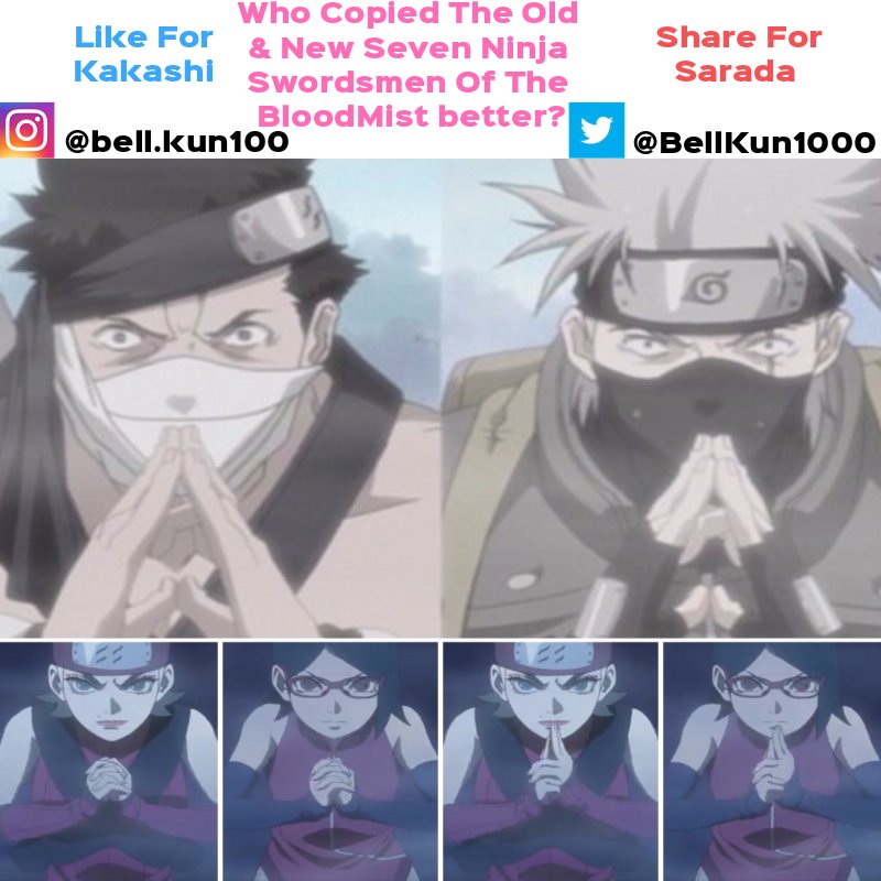 BellKun1000's tweet photo. My New #Original #AnimeMeme #Meme :
#Anime : #Boruto
QOTD : Who Copied The Old #SevenNinjaSwordsmen & The New 7 Ninja Swordsman Of The #Bloodmist better, #Kakashi Or #Sarada ?
AOTD : #SaradaUchiha Imo copied it better, also Her #Genjutsu is awesome.
#KakashiHatake is ๐ https://t.co/MI1zoRph2s