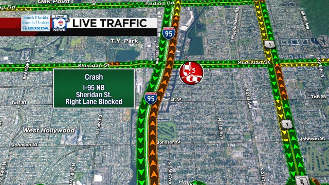 CRASH: I-95 NB & Sheridan St. A right lane is blocked; expect delays. #TRAFFIC https://t.co/hye1vjhzJ2
