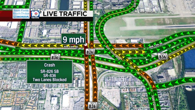 CRASH: SR-826 SB & SR-836. Two lanes are blocked and speeds are clocking in at 9 MPH. Expect delays. #TRAFFIC https://t.co/hiezkl5cyI