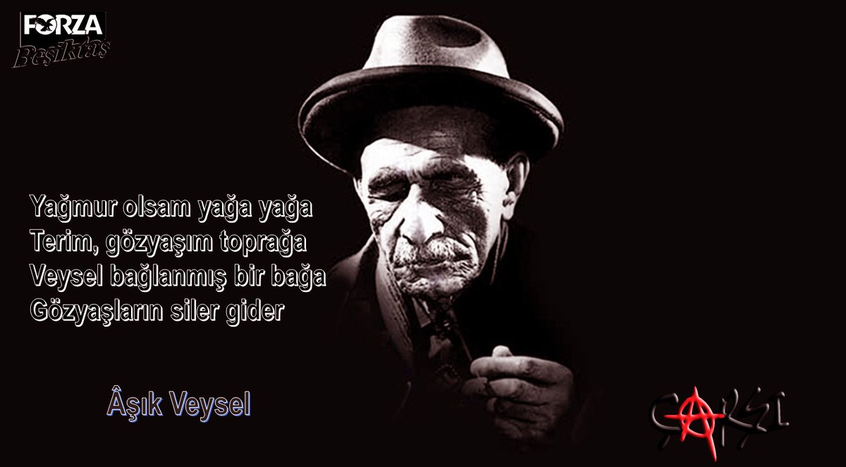 Yağmur olsam yağa yağa
Terim, gözyaşım toprağa
Veysel bağlanmış bir bağa
Gözyaşların siler gider #AşıkVeysel