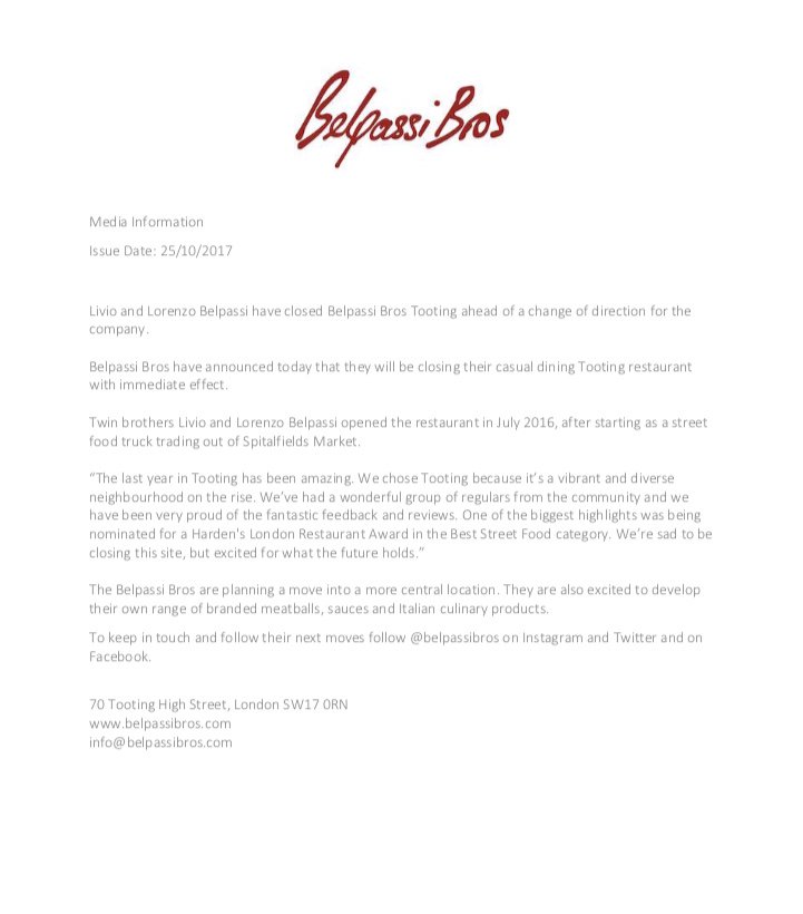 Livio and Lorenzo Belpassi have closed Belpassi Bros Tooting ahead of a change of direction for the company.