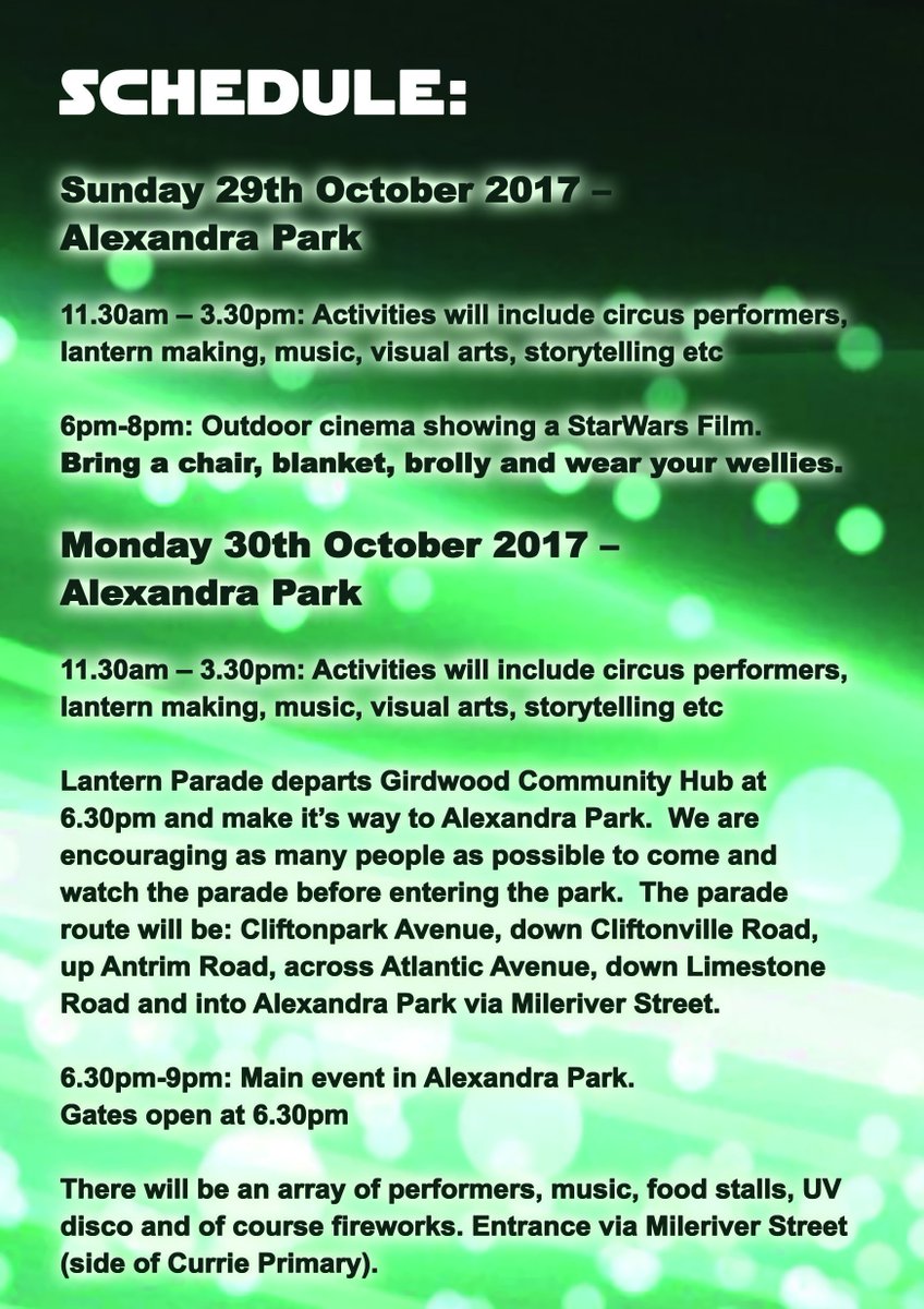 ashtoncommtrust's tweet image. Details about parade times, fireworks cinema &amp;amp; access points for North Belfast Lantern Parade in Alexandra Park here bit.ly/2zBZKxm
