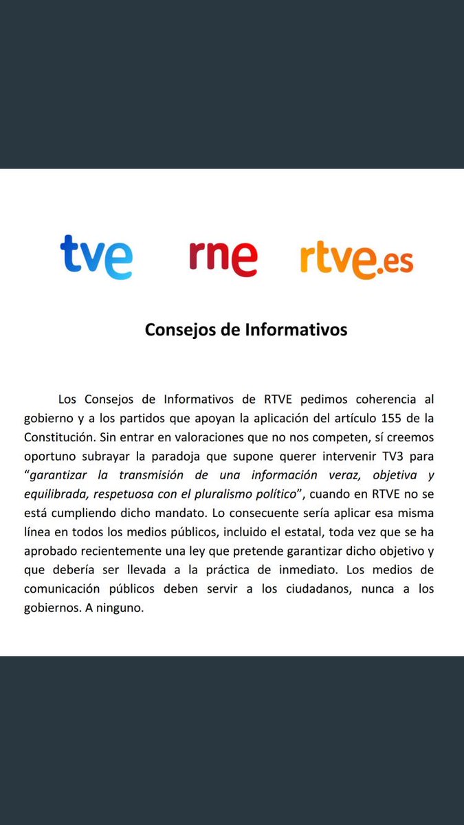 AlexPF75's tweet photo. Comunicat @rne @rtve increïble !! RT #Semana155ESP #LlibertatJordis #155TV3 #IndependenciaESP #CatalunyaLliure #LaForçaDeLaGent https://t.co/Vk59V9Pp1g