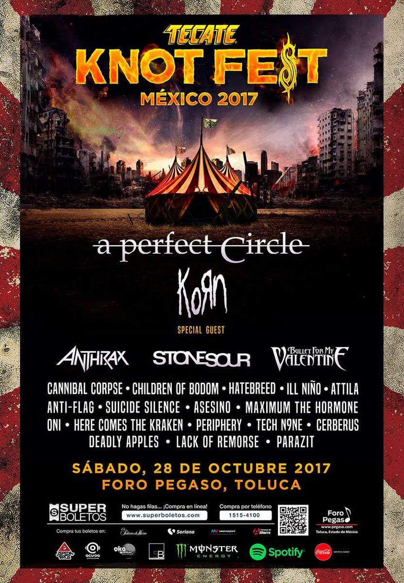 Rockeros, nos vemos en el #TECATEKNOTFESTMEXICO para rockear como se debe.
#Rockstaqueros

#Korn #aperfectcircle #anthrax #stonesour