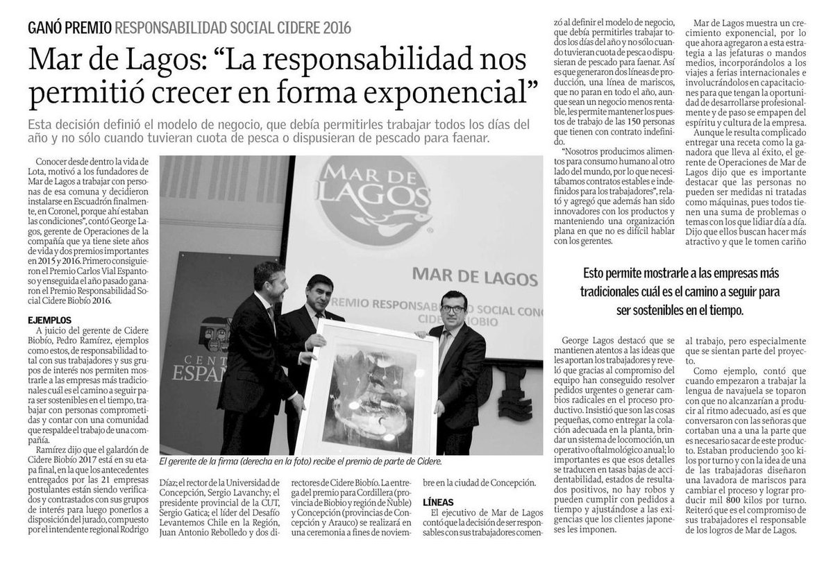 Mardelagos_cl's tweet photo. @elsurcl destaca a nuestra empresa como ganadores 2016 del Premio Responsabilidad Social Empresarial de @cidereb y como ejemplo a seguir, de cara a galardón de este año https://t.co/XlRnDRTp1j https://t.co/fSCfMG1kxg