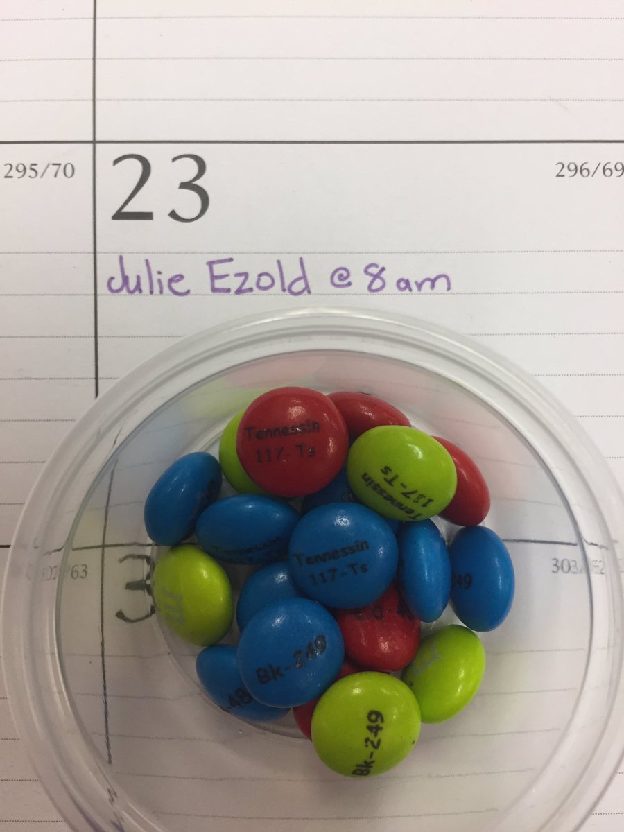 wteffe's tweet photo. Thank you @jgezold for speaking to @esksaints 8th grade about Tennessine this morning. She even brought us isotope @mmschocolate #element117 https://t.co/vA8BGPDeT2