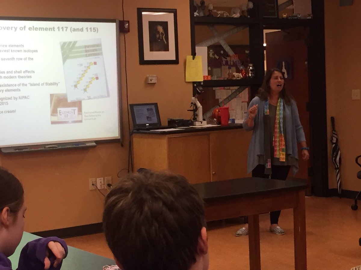 wteffe's tweet photo. Thank you @jgezold for speaking to @esksaints 8th grade about Tennessine this morning. She even brought us isotope @mmschocolate #element117 https://t.co/vA8BGPDeT2