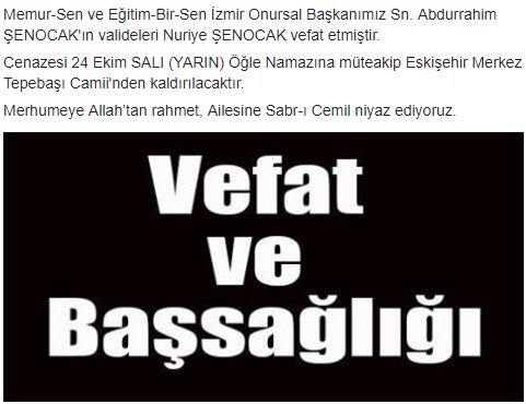 ebsizmir1's tweet photo. Onursal Başkanımız Sn. Abdurrahim ŞENOCAK'ın valideleri Nuriye ŞENOCAK vefat etmiştir. Cenaze bilgileri fotoğraftadır. Allah rahmet eylesin. https://t.co/vHtvKuTDsz