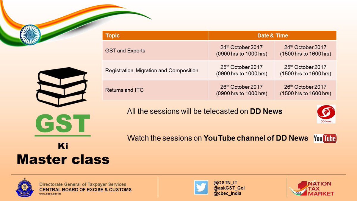 askGST_GoI's tweet photo. Watch GST ki Master Class on @ddnews as per the attached schedule #OneNationOneTaxOneMarket #GSTMasterClass https://t.co/5NPrTKPUMe